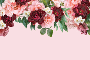 Wall Mural - Floral banner, header with copy space. Tulip, pink and red roses isolated on dark background. Natural flowers wallpaper or greeting card.
