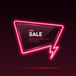 Sale vector template with neon lights. Dialog bubble with thunder flash sign. Vector