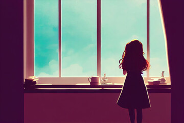 Wall Mural - young children girl watching out the window, daydreaming