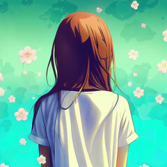 Wall Mural - lonely anime girl thinking about life, colorful illustration