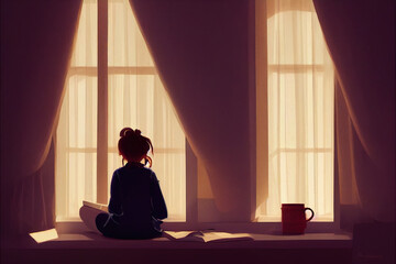 Wall Mural - lonely pretty girl watching early in the morning out of the window