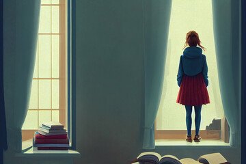 Wall Mural - a young woman standing in front of a window and thinking about life