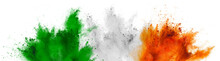 Colorful Irish Tricolour Flag In  Green White Orange Color Holi Paint Powder Explosion Isolated Background. Ireland  Europe Celebration Soccer Fans Travel Tourism Concept