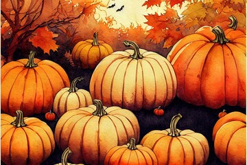 Poster - Watercolor composition of pumpkins Halloween Autumn illustration Halloween Greeting Card