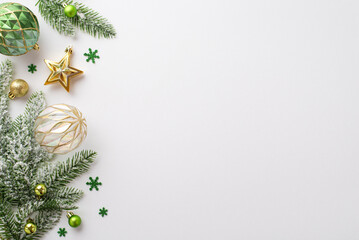 New Year concept. Top view photo of gold and green baubles transparent ball star ornament confetti and pine branches in frost on isolated white background with empty space