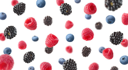 collection of various falling fresh ripe wild berries isolated on white background. raspberry, black
