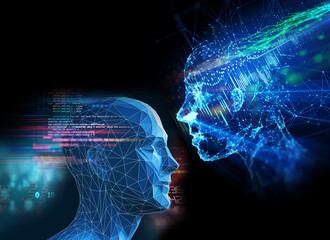 3d illustration of ai human on technology background.