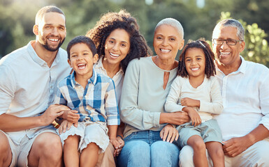 Wall Mural - Big family portrait in a park with grandparents and children for summer, outdoor holiday and wellness. Happy grandmother, grandfather with mom, dad and kids in nature, bonding and bokeh lens flare