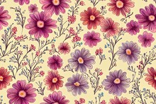 Hand Drawn Summer Floral Backround. Botanical Seamless Pattern Made Of Abstract Flowers. Sketch Drawing. Vintage Style. Goof For Bedding, Textile, Fabric, Wallpaper.