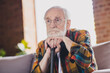 Photo of upset depressed grandpa grey hair head lean walking stick wear casual checkered look eyewear sitting cozy sofa indoors home room