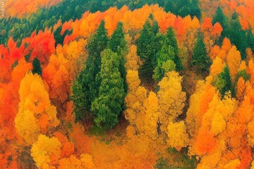 Wall Mural - Colourful autumn forest form above, captured with a drone. Natural seasonal landscape background.
