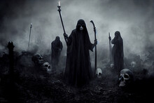 Grim Reaper With Haunted, Creepy Graveyard.Digital Art