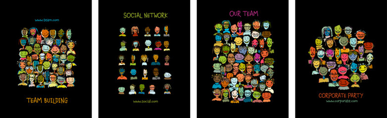 Poster - Group of people, community. Social network. Holy holiday, colorful faces. Set for your design project - cards, banners, poster, web, print, social media, promotional materials. Vector illustration