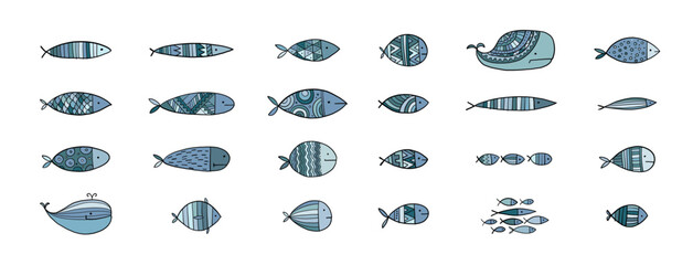 Poster - Funny fishes collection, vintage ethnic ornament. Childish style. Icons set for your design