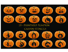 20 Printable Halloween Pumpkin Carving Stencils Jack O Lantern Pumpkin Face Svg Carving Templates