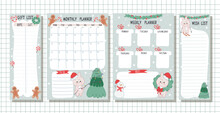 Set Of Cute Planners With Traditional Christmas Illustrations. Monthly Plan, Weekly Plan, Wish List And Gift List With Kawaii Bunny And Christmas Elements. Christmas And New Year Planning