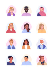 Wall Mural - Collection of avatars. Vector cartoon illustration of portraits of diverse smiling business people of different ages and ethnicities. Isolated on white