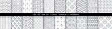 Geometric Floral Set Of Seamless Patterns. White And Gray Vector Backgrounds. Simple Illustrations