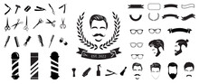 Collection Of Barbershop Equipments In Vintage Retro Style. Set Of Barber Scissors, Razor Blades, Eyeglasses, Banners, Comb, Men's  Hairstyle. Design For Logo, Sticker, Print, Decorative, Tattoo. 