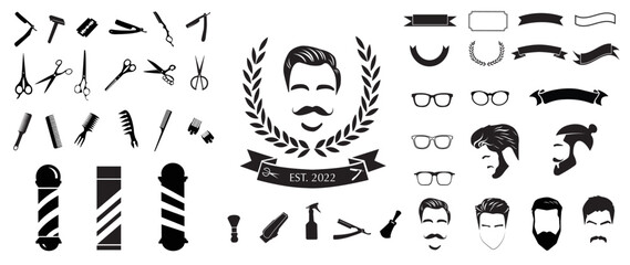 Collection of barbershop equipments in vintage retro style. Set of barber scissors, razor blades, eyeglasses, banners, comb, men's  hairstyle. Design for logo, sticker, print, decorative, tattoo. 