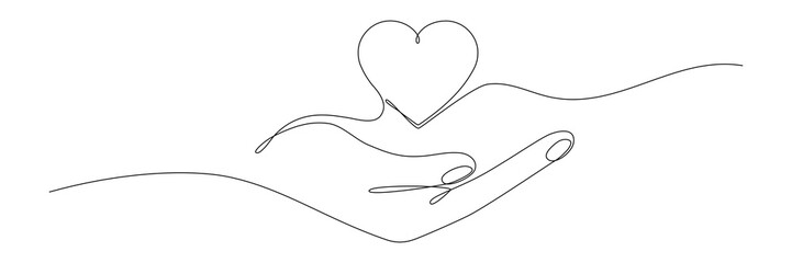Hand holding heart continuous one line drawing. Love concept. Vector isolated on white.	