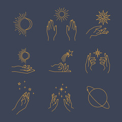 Wall Mural - aesthetic hands and cosmic and celestial elements. universal cosmos related icons. linear vector ill