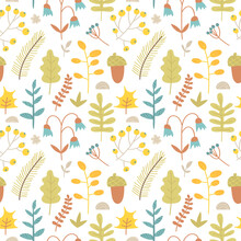 Seamless Pattern Of Botanical Elements. Abstract Background Of Berries, Leaves, Acorns, Branches And Flowers. Trendy Texture From Doodle Forest Plants. Autumn Elements Collection, Season Illustration