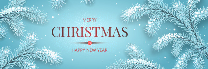 horizontal banner with white christmas symbol and text. christmas tree on blue background. winter is