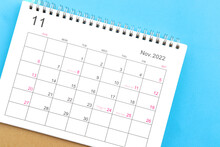Calendar November 2022 Top View On A Blue Background