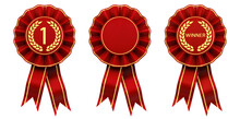 Set Of Red And Gold Rosettes, First Place Winner Ribbon Cockades	

