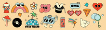 Set Of Groovy Element Vectors. Collection Of Cute Characters, Gashapon, Rainbow, Mushroom, Disco Island, Radio, Magic Hat, Glasses, Pizza, Bear, Flower. Design For Decorative, Sticker, Prints.