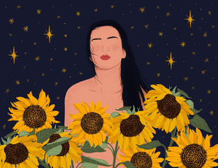 Nude white woman with long black hair in a field of sunflowers under a starry sky. Modern flat illustration. Fantasy abstraction.