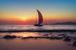 sail boat  in Seascape at sunset with blurred calm  water sea         