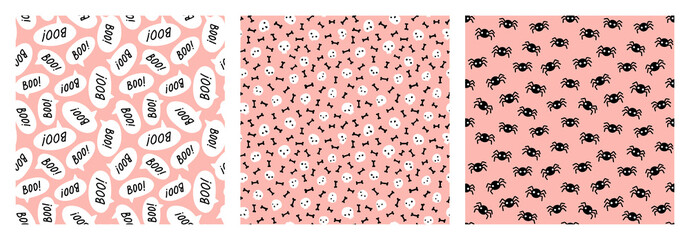 Pastel Halloween pattern set with black and white skulls, bones, spiders and speech bubbles on pink background.