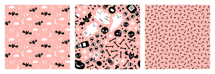 Pastel pink Halloween ghosts, bats, skulls, bones, potion bottles, spiders, stars, clouds and moon seamless patterns.