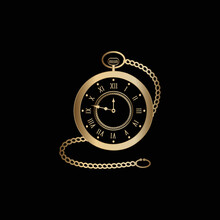 Gold  Old Pocket Watch With Chain Vector Illustration Logo Design