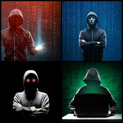 Wall Mural - Portrait of computer hacker in hoodie. Obscured dark face. Data thief, internet fraud, darknet and cyber security concept.