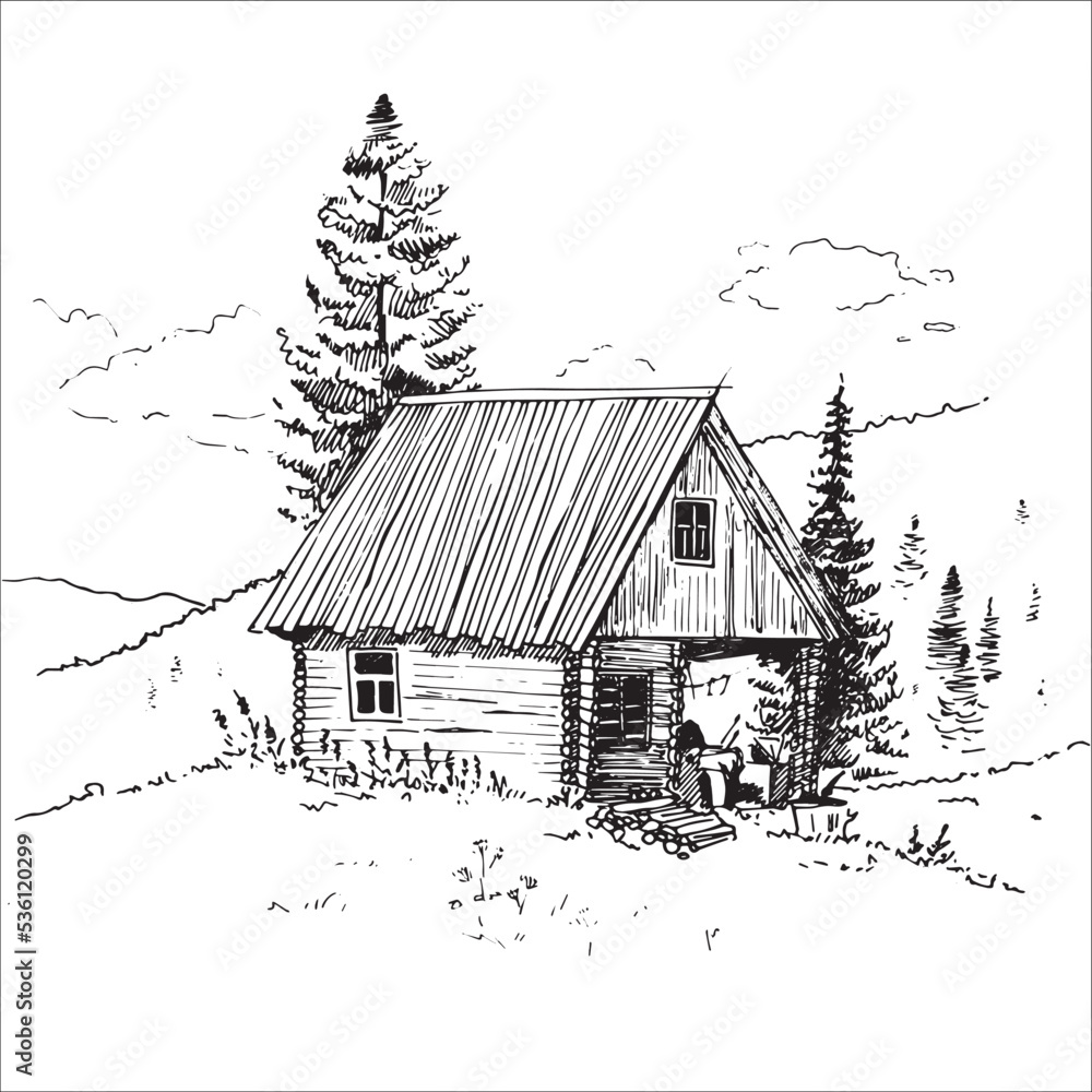 linear vector black and white drawing landscape wooden house in the ...