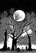 Black and white woodcut haunted cemetery