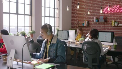 Wall Mural - graphic designer people, computer studio and creative startup business workspace with gen z office, 