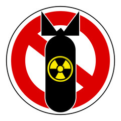 No nuclear weapon, ban sign around a falling atomic bomb with the symbol