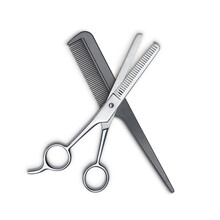 Hair Cutting Scissors And Comb Isolated