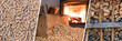 wood burning stove heating the house - choice between firewood or pellet web banner concept