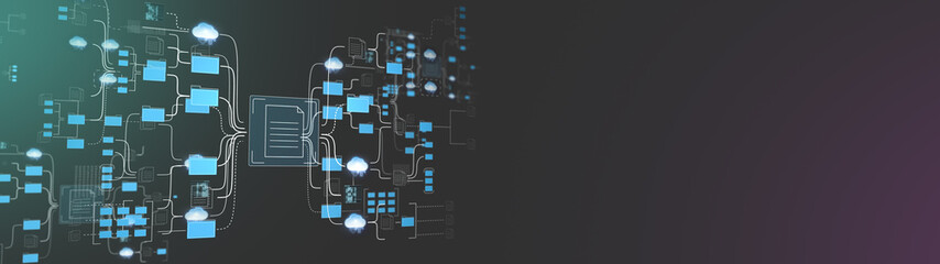 Poster - computer file system with folders and documents network. widescreen banner as background