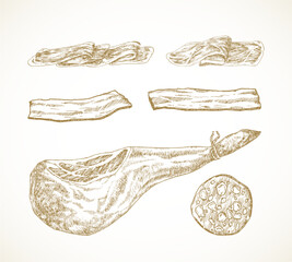 Wall Mural - Meat and Sausage Hand Drawn Doodle Vector Illustrations Set. Jamon Leg, Bacon and Salami Sketch Style Drawings Collection Isolated
