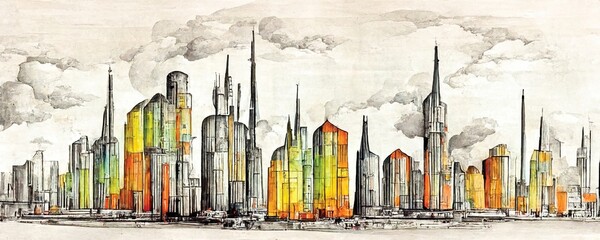 Sticker - Drawing of the future city, cityscape view, sketch, digital art