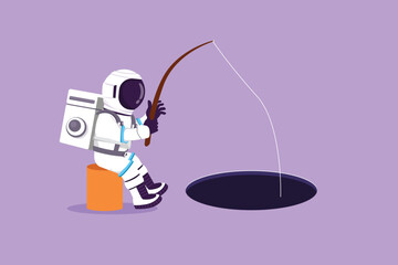 Wall Mural - Character flat drawing of young astronaut sitting and holding fishing rod from hole in moon surface. Scientific spaceship investment metaphor. Cosmonaut outer space. Cartoon design vector illustration