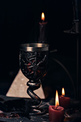 Sticker - magic potions in witch's house with burning candles at night.