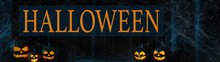 Scary Halloween Celebration Holiday Party Card Banner Panorama - Many Spooky Carved Glowing Pumpkins With Cemetery Fence, Jack O’Lantern In The Dark Night