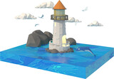 Fototapeta  - 3D illustrator the lighthouse at sea. 3d rendering Low Polygon Geometry. Lowpoly Minimal Style Art.